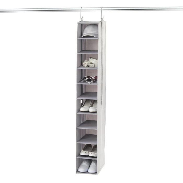 gray hanging shoe organizer with multiple compartments