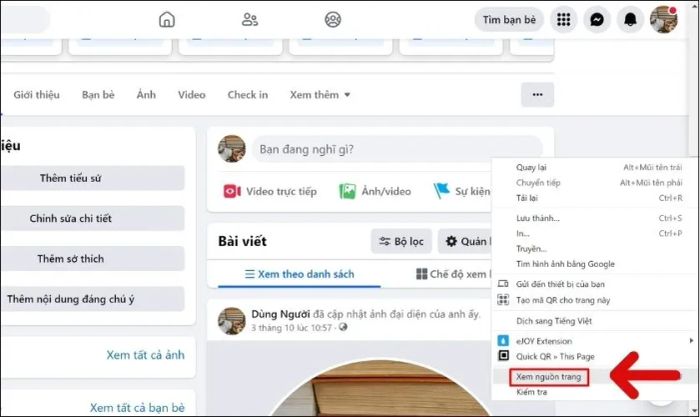 Nhấn chuột phải vào nền trang và chọn Xem nguồn trang để tiếp tục