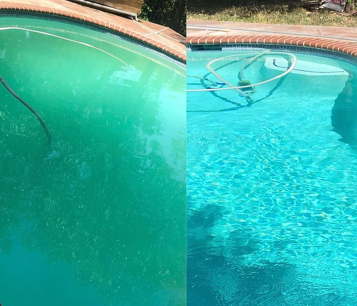 On the left, a reviewer photo of cloudy pool water, and on the right, the same pool water after being clarified and looking crystal clear.