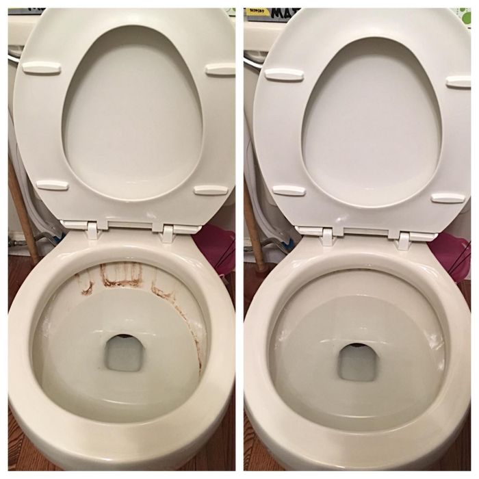Two side-by-side photos of the same toilet bowl. The left shows stains, while the right displays the same bowl sparkling clean without a trace of them.
