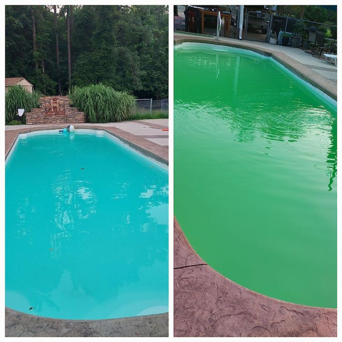 On the left, a reviewer's photo of a pristine pool, and on the right, the same pool with water turning a greenish hue