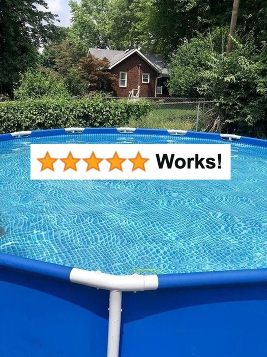 A reviewer's photo of their above-ground pool with crystal-clear water and a five-star rating captioned below