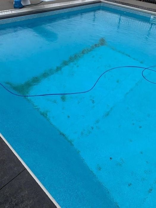 A reviewer’s pool floor covered in debris before using the robotic vacuum