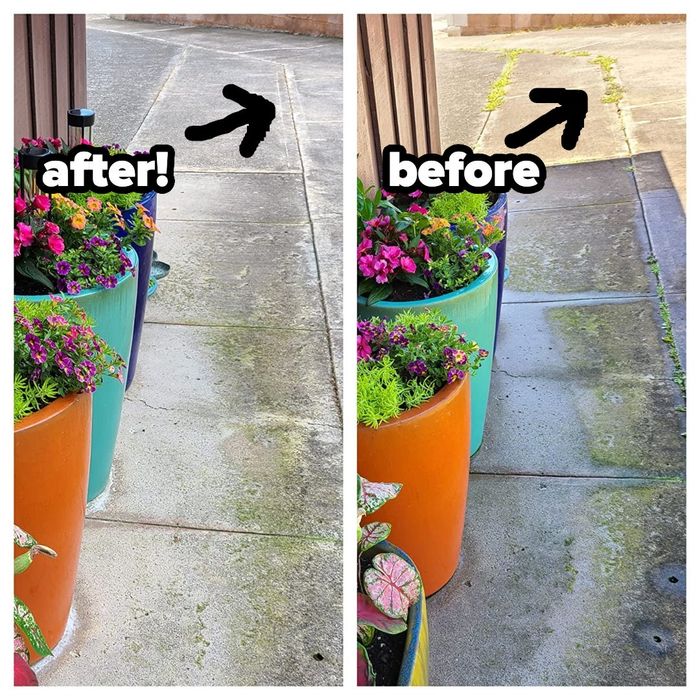 A before-and-after image of a sidewalk, with one side overrun by weeds in the cracks and the other side completely clean after using the crack weeder tool