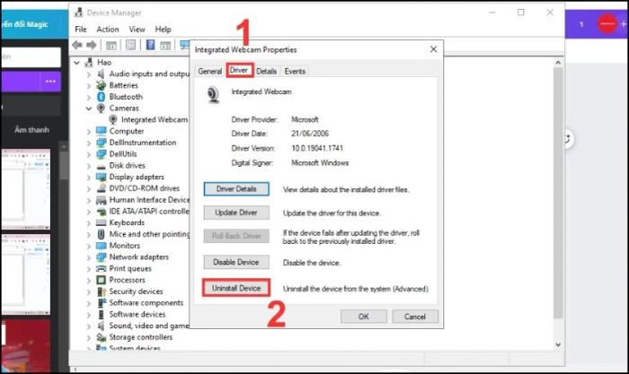 Chuyển qua tab Driver và chọn Uninstall Device