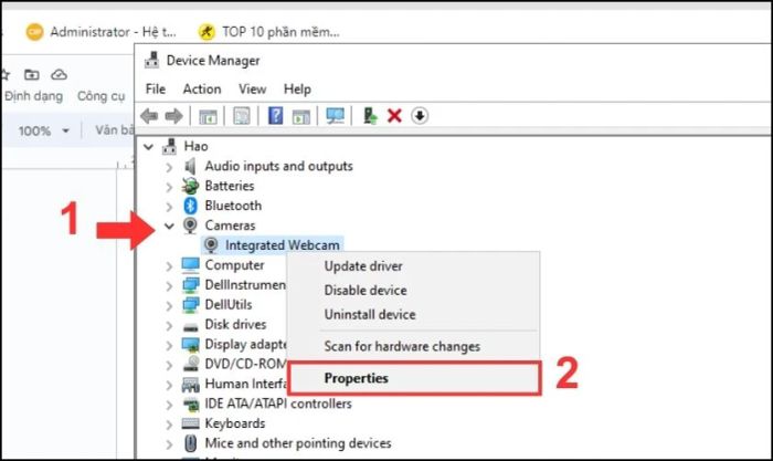 Nhấn chuột phải vào Integrated Webcam rồi chọn Properties