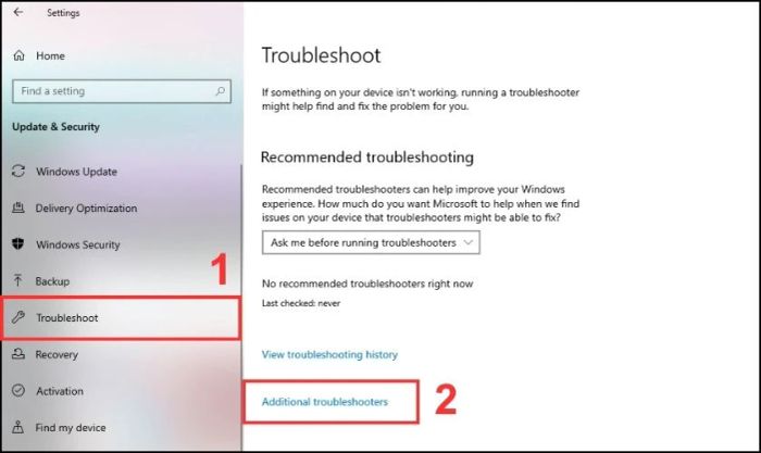 Chọn tab Troubleshoot và mở phần Additional Troubleshooter