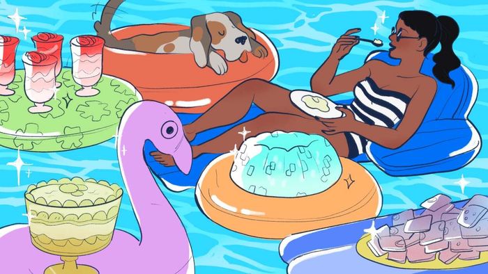 A woman lounging on a float in the pool, enjoying a treat, surrounded by fun animal-shaped floats holding jello and parfaits.