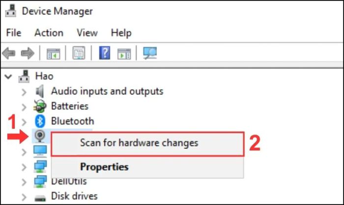 Nhấn vào Scan for Hardware changes để khắc phục lỗi camera bị ngược