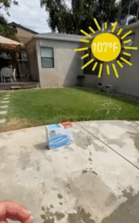 GIF of a reviewer snapping their fingers to reveal an inflated pool in their backyard, with a sun graphic showing 107°F.
