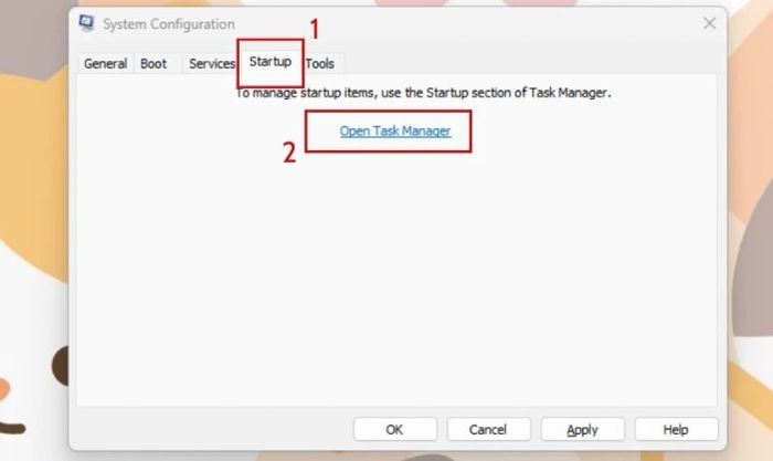 Chọn tab Startup và mở Task Manager