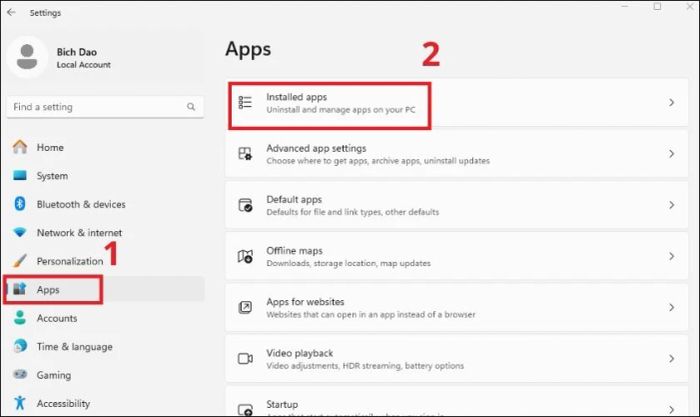 Tại cửa sổ Settings mới mở, chọn vào mục Apps