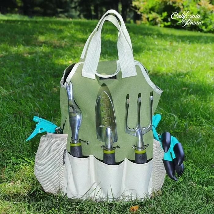 Garden tote featuring various gardening tools