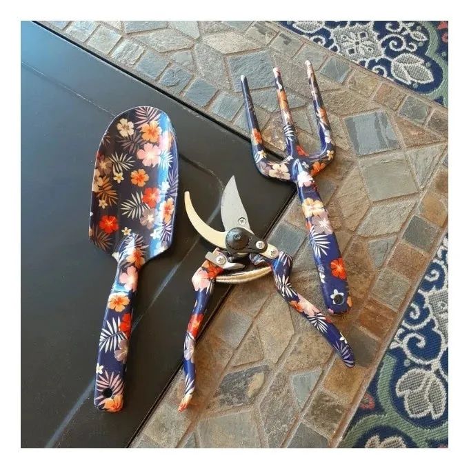 Reviewer photo featuring the blue floral print gardening tool set