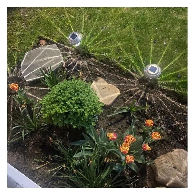 Another reviewer image showcasing the lights placed in a flower bed.