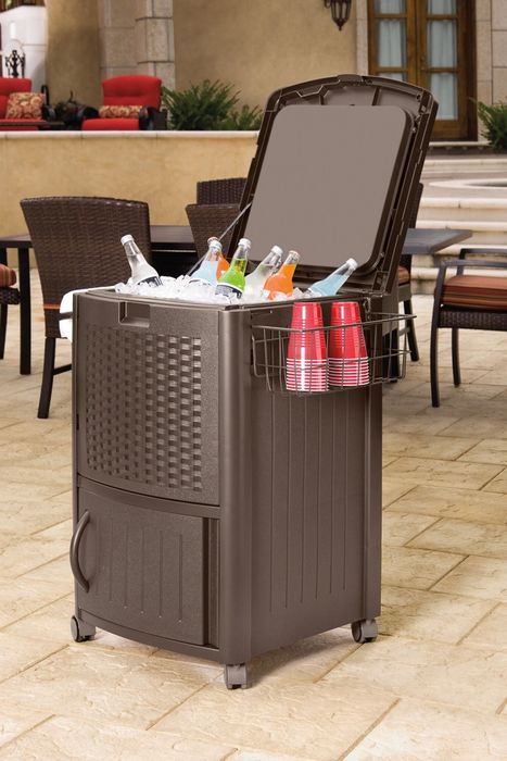 A deck cooler packed with ice and beverages, keeping everything chilled and ready for a gathering.