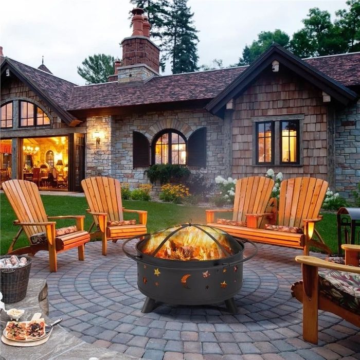 A firepit surrounded by chairs, creating a cozy, inviting atmosphere.