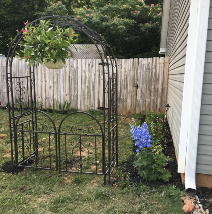 The iron arbor positioned in a reviewer’s yard with a plant gracefully hanging from the top, creating a picturesque look.