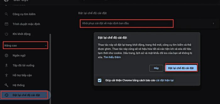 Khôi phục cài đặt mặc định của Google Chrome