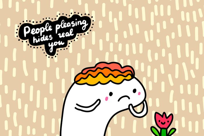 Cartoon character with wavy hair appearing upset, holding a smiling flower. The text reads,