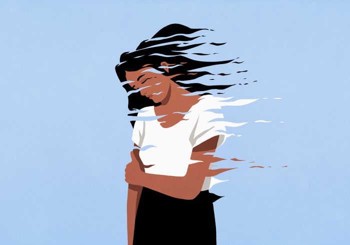An illustration of a woman smiling with her hair blowing in the wind, while parts of her fade away, symbolizing a deep emotional connection