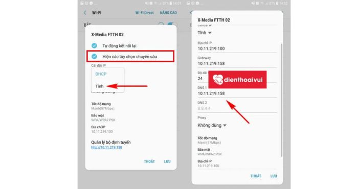 điền lại IP ;DNS 1; DNS 2