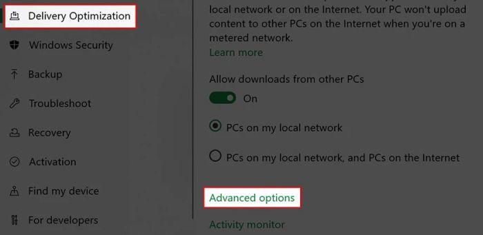 Chọn Delivery Optimization → Advanced Options.