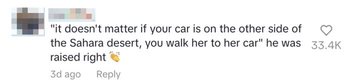 A comment says, 'It doesn’t matter if your car is on the other side of the Sahara Desert, you walk her to her car,' accompanied by praise emojis