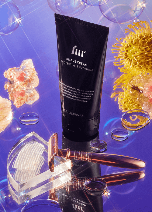 Black tube of Fur Shave Cream placed next to grooming accessories