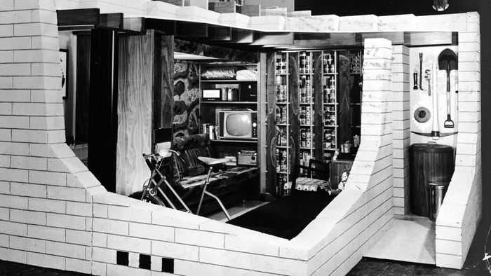 A cross-section view of a 1950s concrete masonry basement fallout shelter.