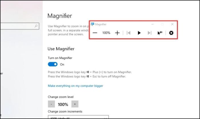 Dùng công cụ Magnifier để điều chỉnh màn hình máy tính bị phóng đại chiều ngang
