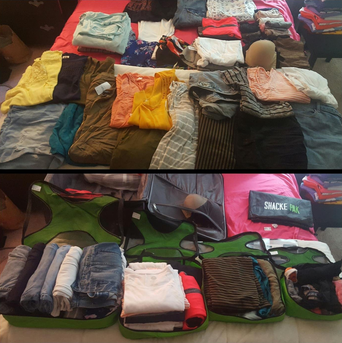 A before-and-after image showing the difference packing cubes make in space, with clothes taking up far less room after using them.