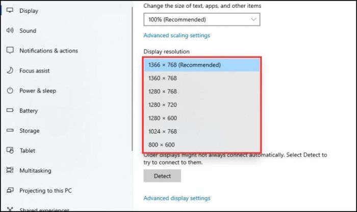 Thay đổi độ phân giải máy tính tại mục Display Resolution