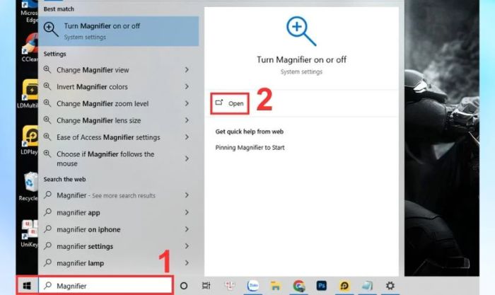 Nhập từ khóa Magnifier vào thanh tìm kiếm Windows và mở ứng dụng lên