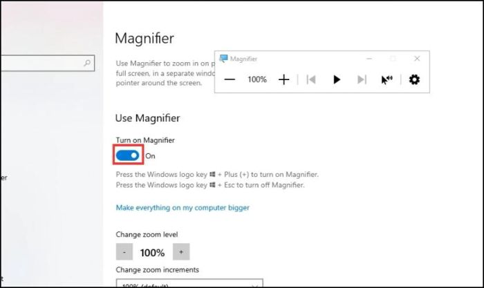 Tại mục Use Magnifier, chuyển thanh từ chế độ tắt sang chế độ bật