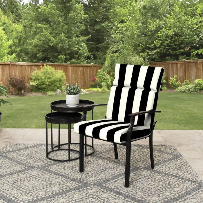 The striped cushions on the chairs.