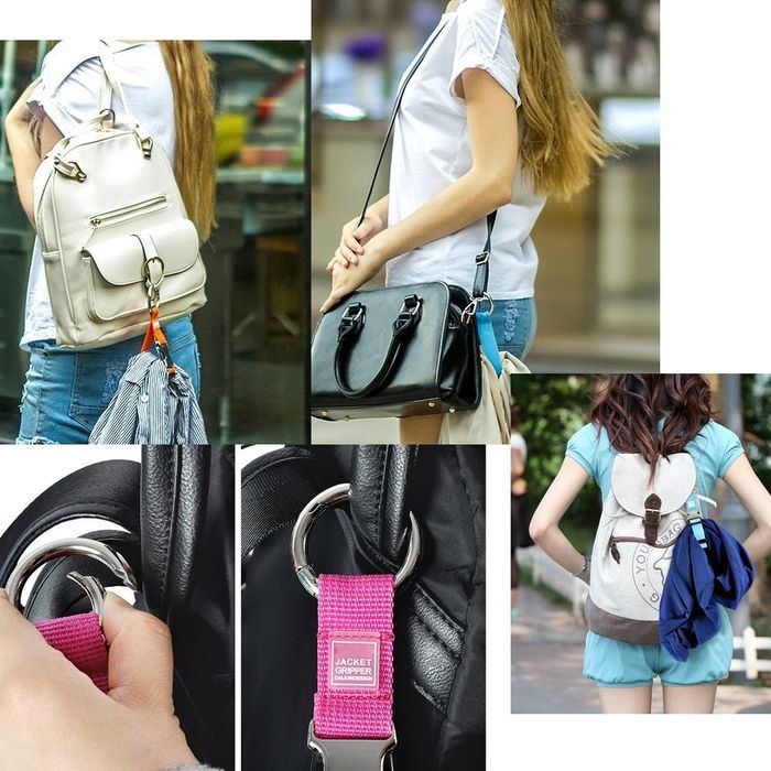 A collage of images demonstrating how the strap can be used to keep various travel items in place.