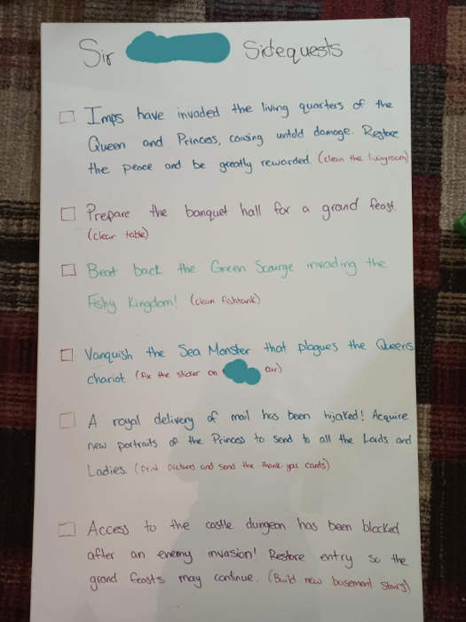 A list of six fantasy-inspired side quests, including tasks like preparing a banquet hall and defeating a sea monster