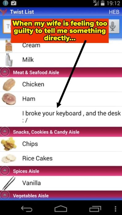 A screenshot of a mobile shopping list showing categories and items like cream, chicken, chips, and vanilla