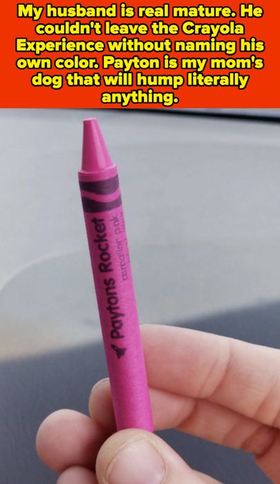 A person holding a crayon labeled 'Payton's Rocket,' drawing attention to the unique name