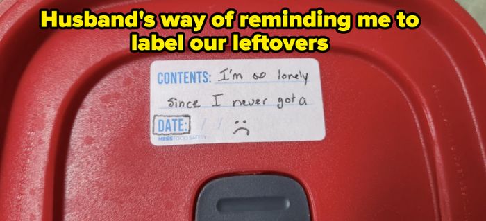 A container with a handwritten note: