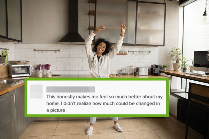 a woman dancing in her kitchen with a TikTok comment overlay saying this makes me feel so much better about my home
