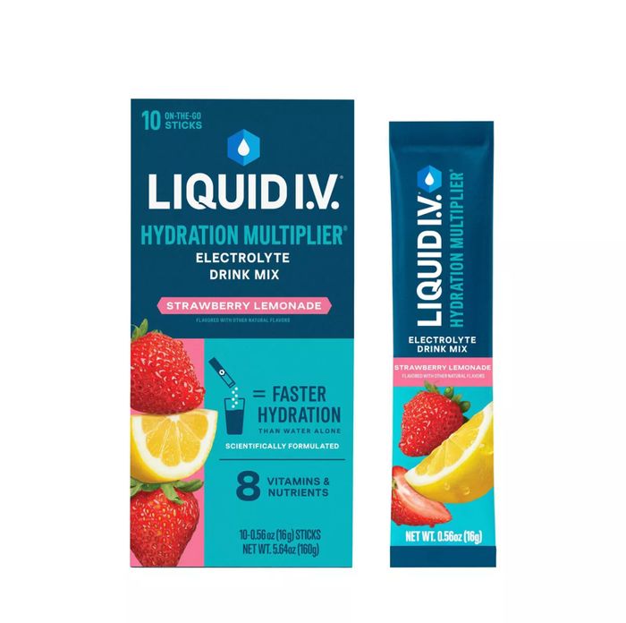 Liquid I.V. Strawberry Lemonade Hydration Multiplier packaging and a single stick of electrolytic drink mix, designed to enhance hydration and nutrient absorption