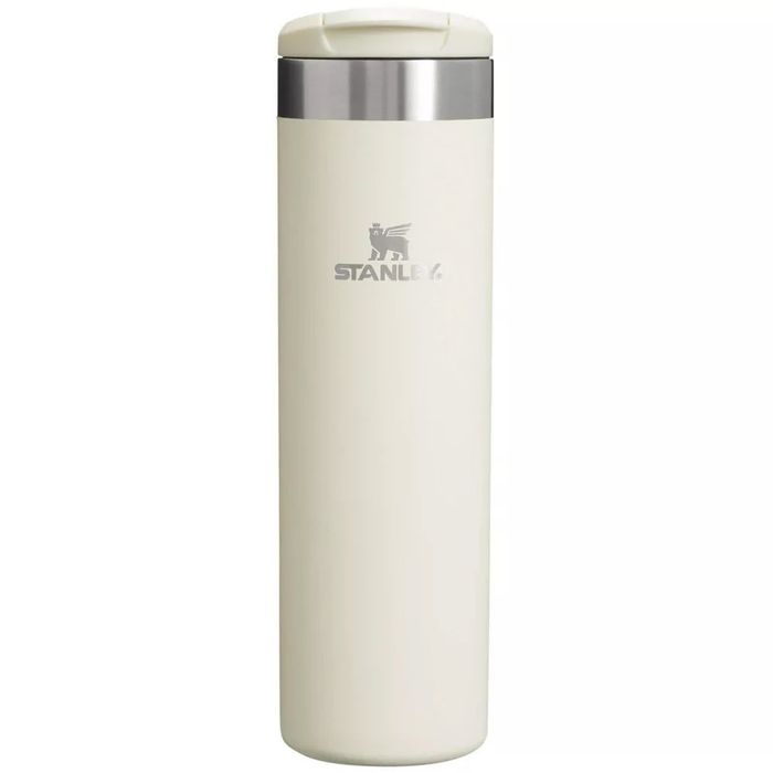 Sleek, insulated travel mug with a stainless steel lid, designed to keep beverages hot or cold while on the move