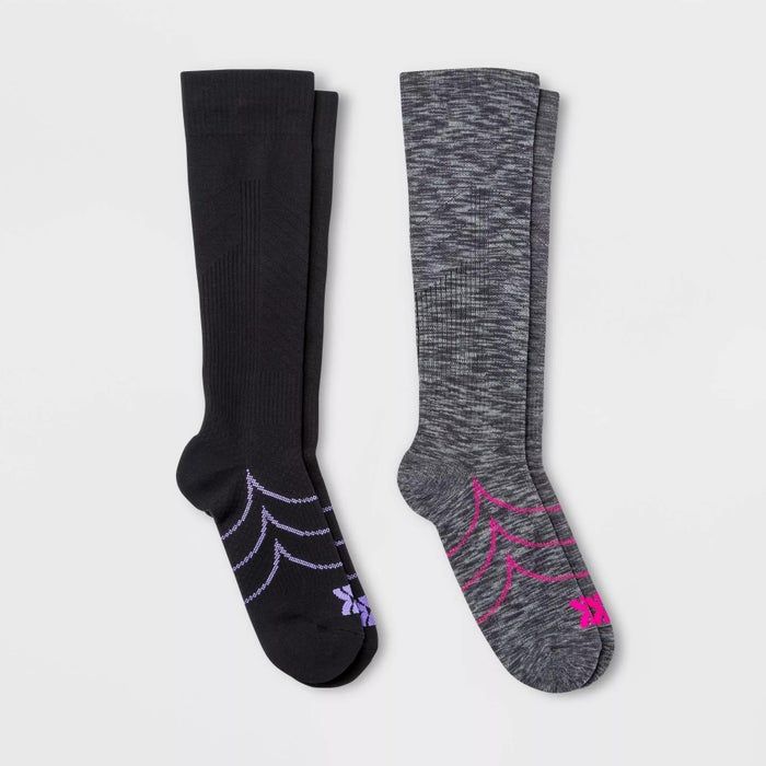Knee-high socks in black and gray with vibrant purple and hot pink accents