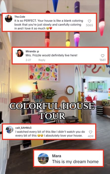 A vibrant room filled with hanging pencils and colorful wall art, captioned 'COLORFUL HOUSE TOUR,' featuring comments from fans admiring her space and expressing their love for it
