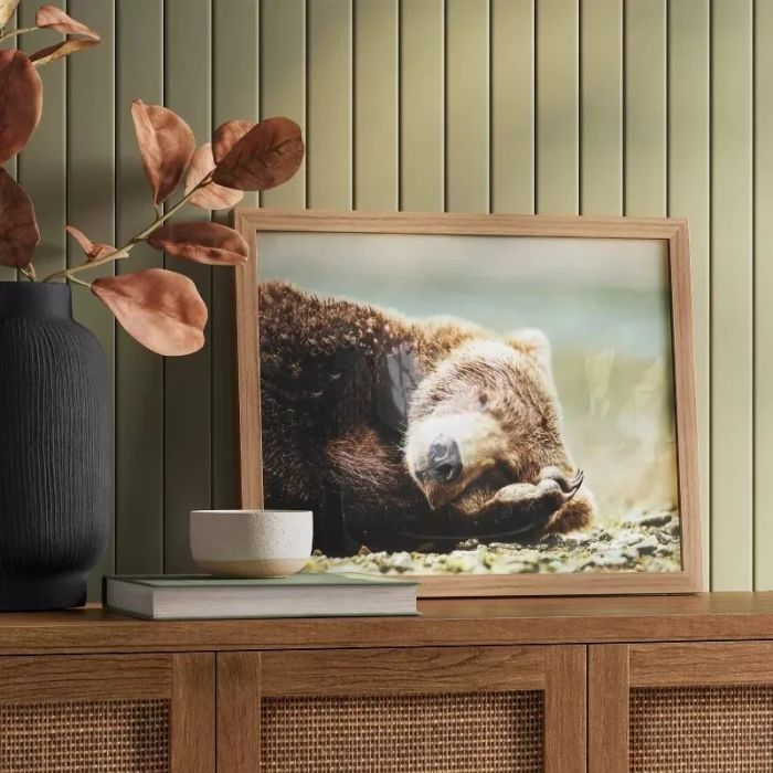 Framed photo of a bear dozing on a wooden sideboard next to a vase and a candle