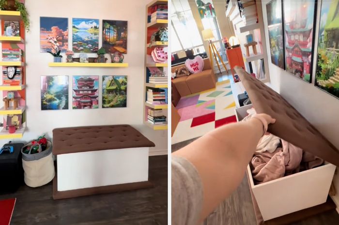 A person opening a storage bench in a room adorned with artwork on the walls