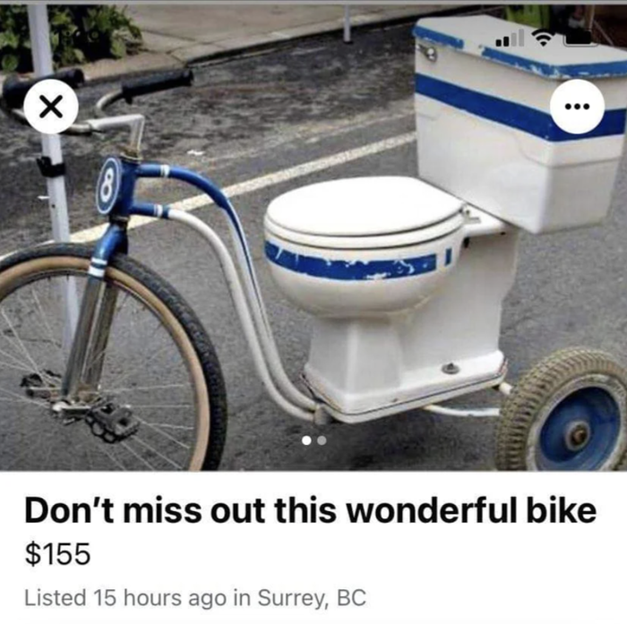 A custom bike designed to resemble a toilet, complete with a bowl and tank, available for purchase