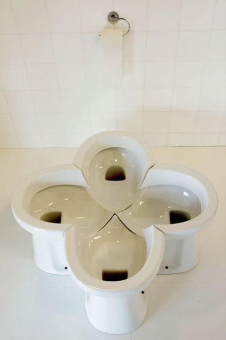 A four-unit, flower-shaped communal toilet design with no dividers for privacy